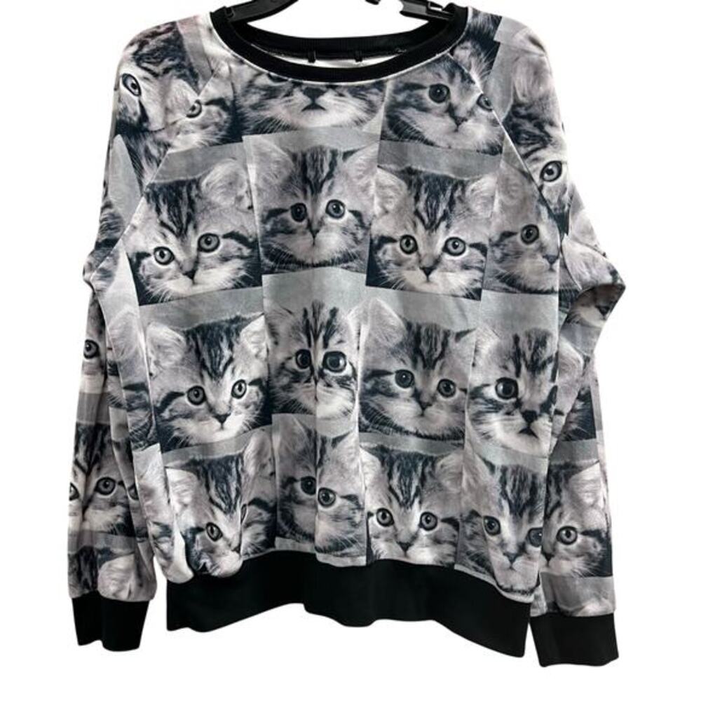 Unbranded Ugly quirky graycat kitty all over print sweatshirt plus sz XXL